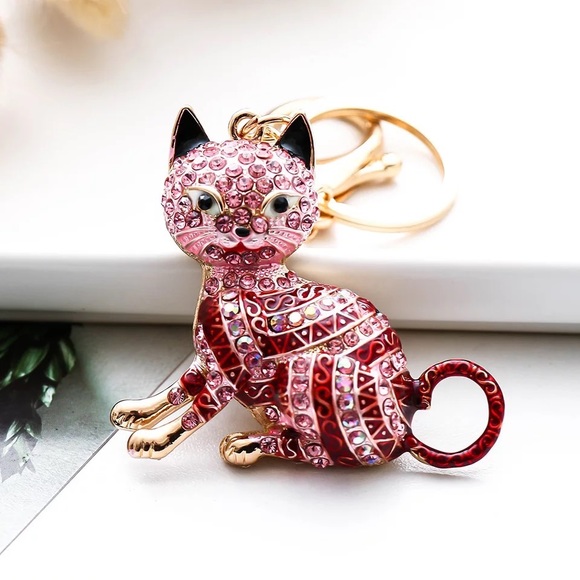 Accessories - Pink Striped Crystal Egyptian Tabby Cat Keychain Charm